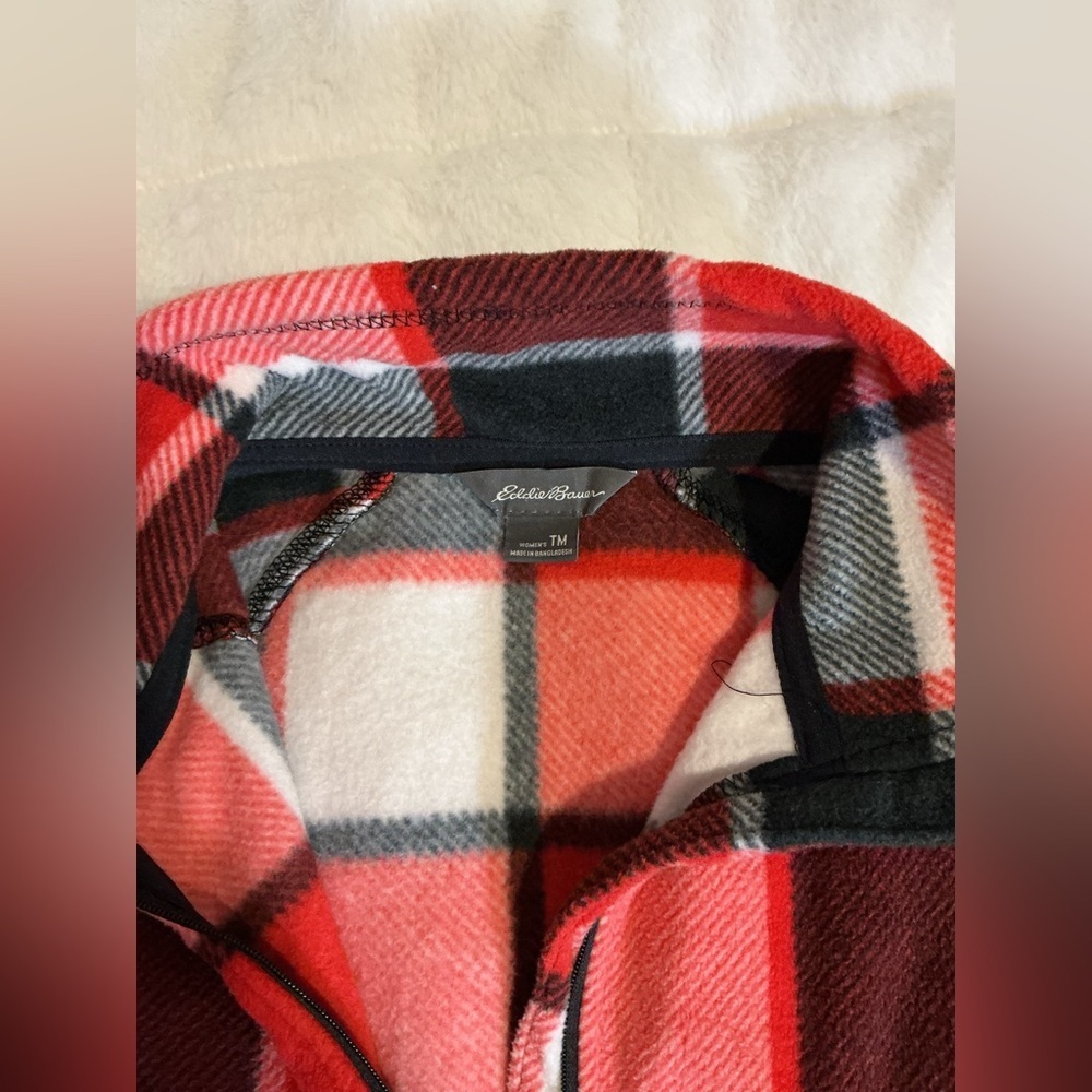Eddie Bauer Red and Black Plaid Quarter-Zip Pullover - Picture 6 of 7